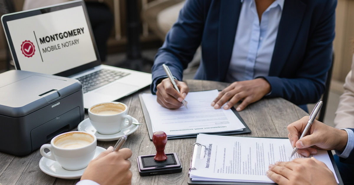 Mobile notary providing convenient on-location document notarization service to client in vehicle with 
  portable printer